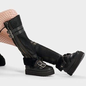 Black Moto Knee-High UGG Boots with Buckles